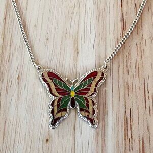 Vintage SARAH COVENTRY Colored Guilloche Enamel BUTTERFLY Gold Toned Necklace